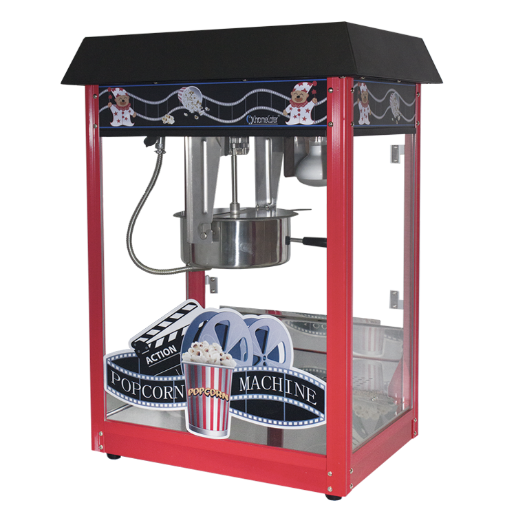Red popcorn machine with display area and accessories