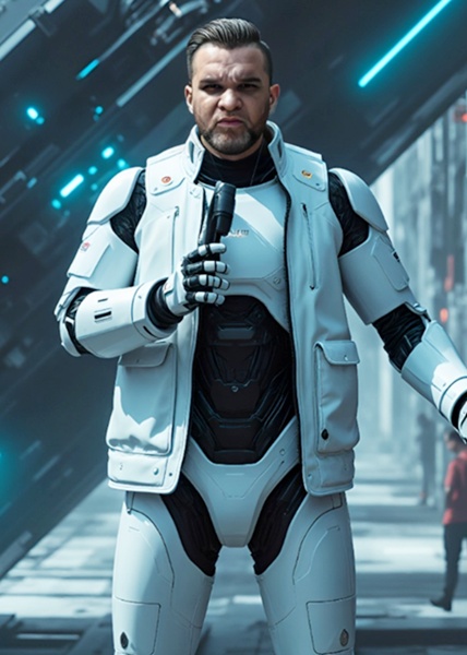 A person in a white futuristic suit holding a microphone