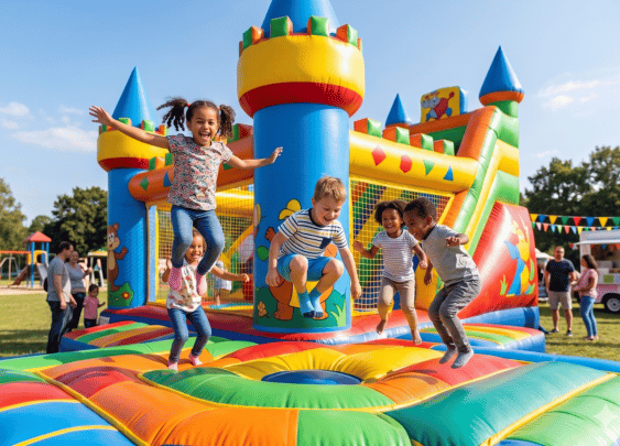 Children jumping on a colorful inflatable bouncy castle.