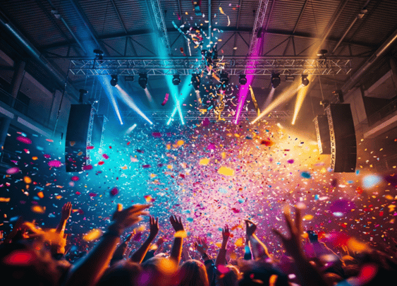 Crowd cheering with confetti at a vibrant event