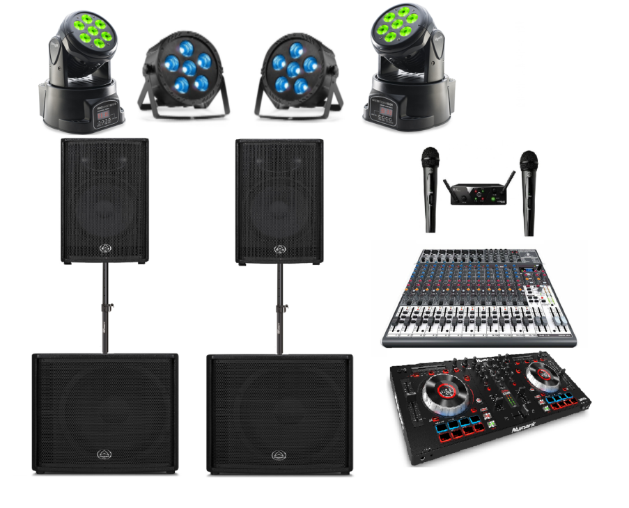 Sound and lighting equipment including speakers, mixer, and lights.