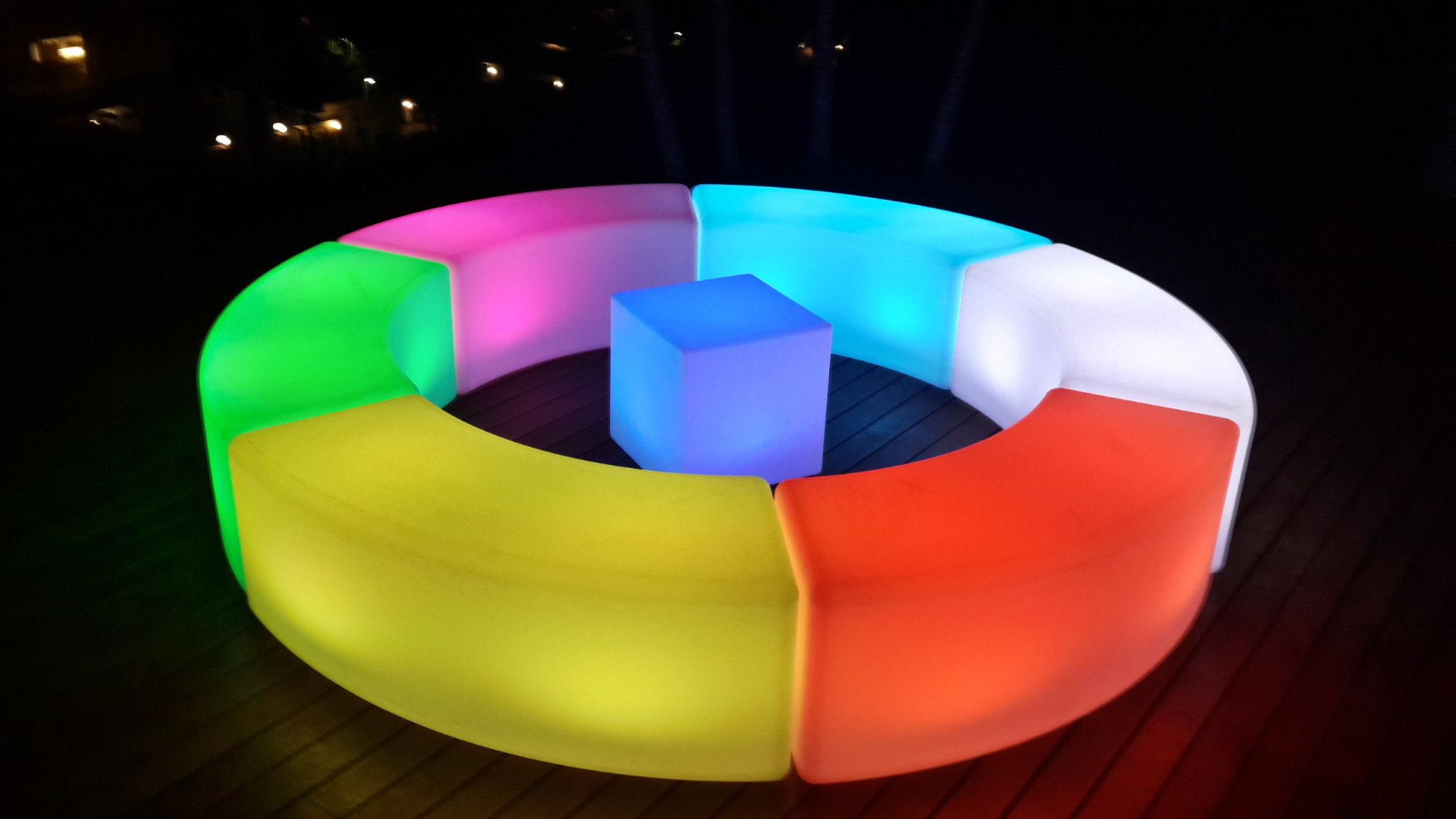 Circular LED furniture seating arrangement in various colors