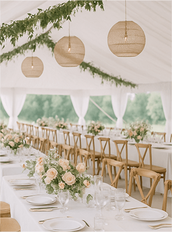 Decorated wedding reception table with flowers and lights