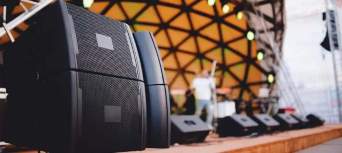 Close-up of a professional PA system setup on stage