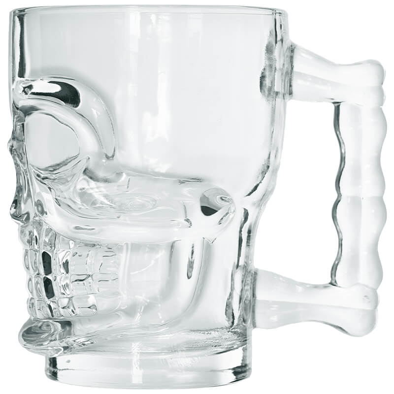 Clear skull-shaped glass mug with a bone handle