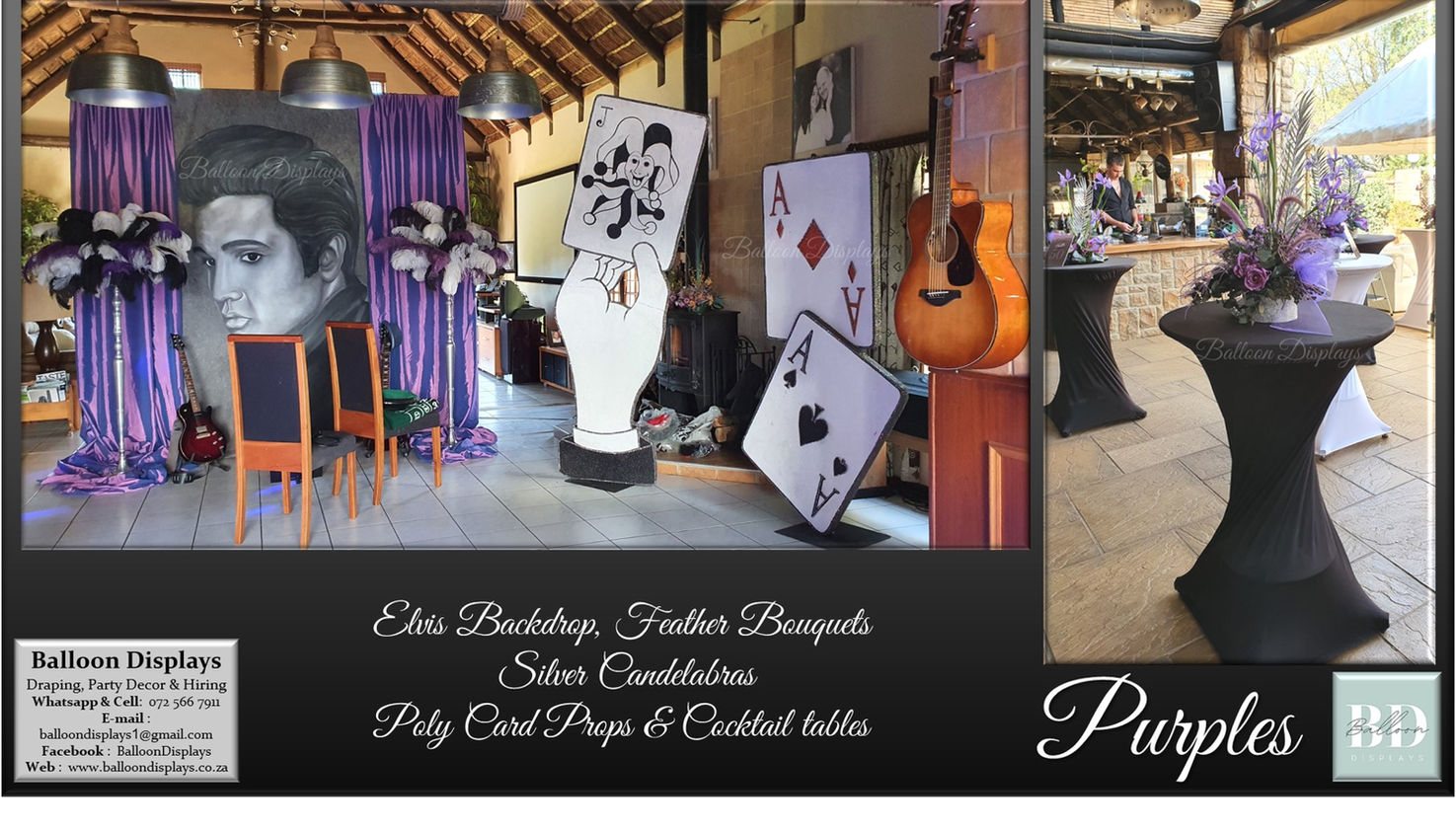 Themed event decor with a backdrop and stylish tables