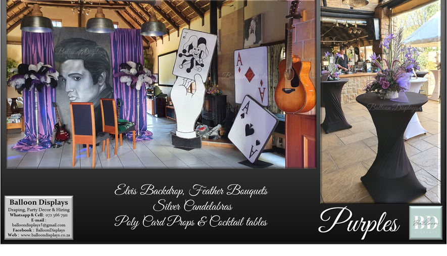 Elvis themed decor with feather bouquets and cocktail tables