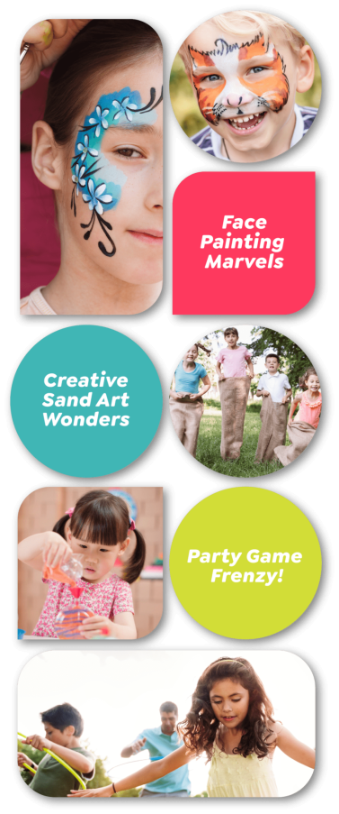 Collage of kids enjoying face painting, sand art, and games.