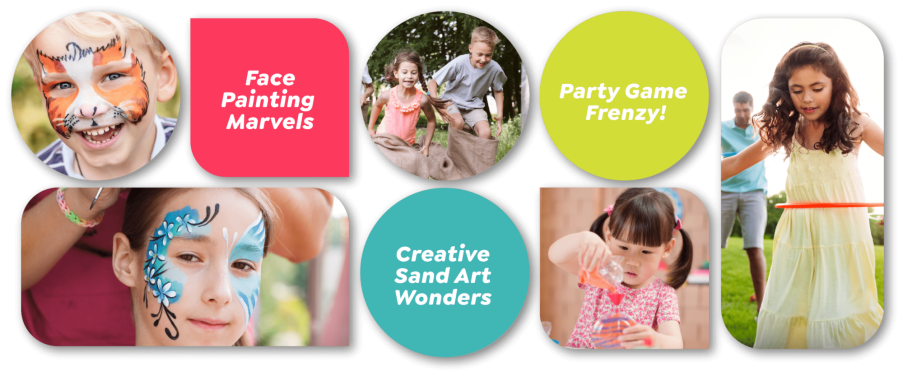 Collage of kids enjoying face painting, sand art, and games