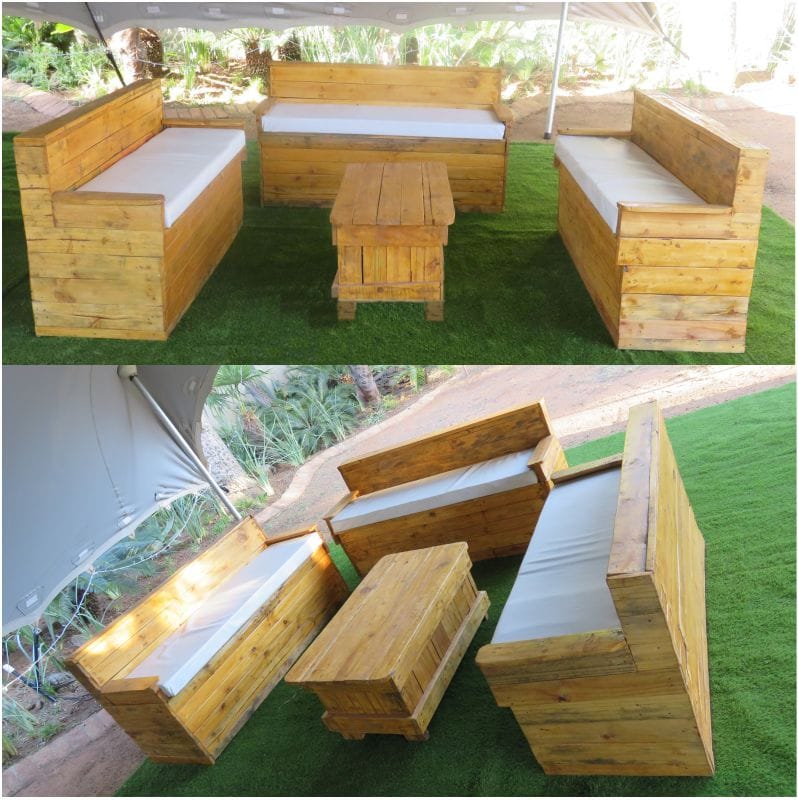 Wooden outdoor lounge set with seating and table