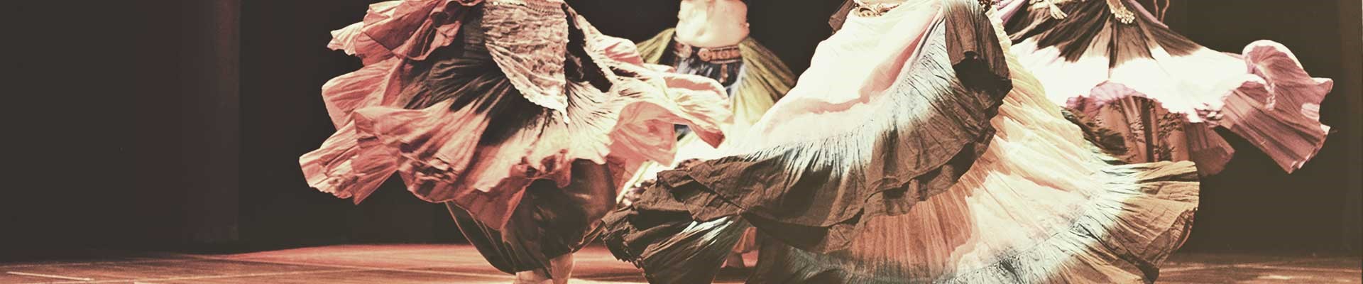Belly dancers in colorful skirts perform on stage.
