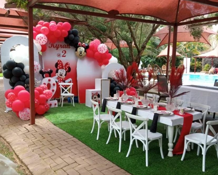 Outdoor Minnie Mouse themed birthday party setup.