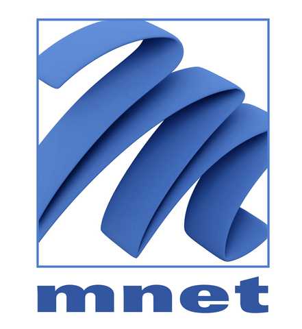 M-Net logo featuring blue curved shapes in a rectangular frame