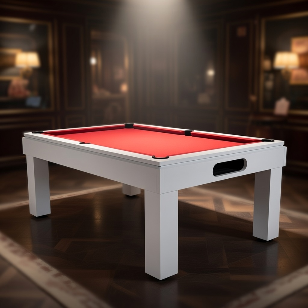 White pool table with red felt in a dimly lit room
