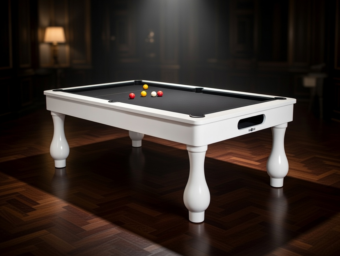 White pool table with colorful balls on a dark wooden floor