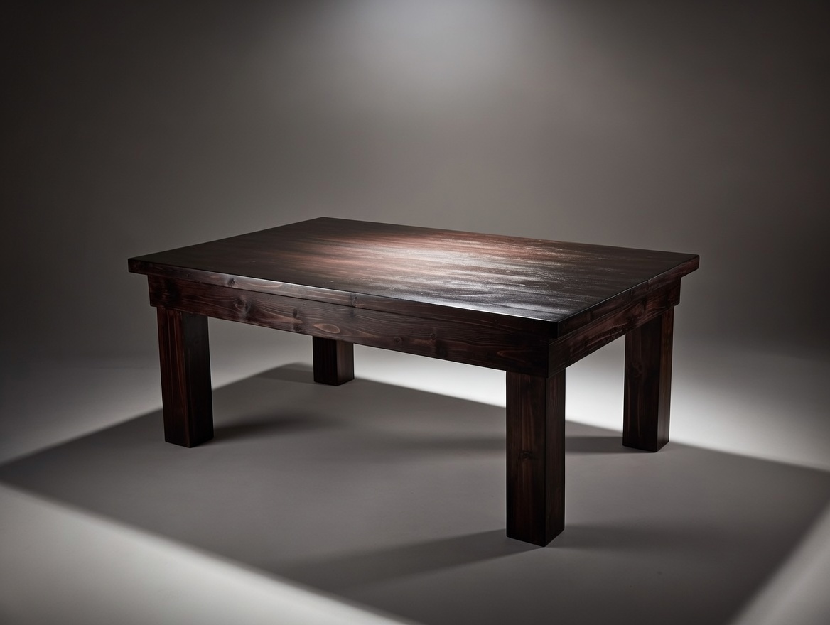 Rustic wooden table with sturdy legs on a plain background