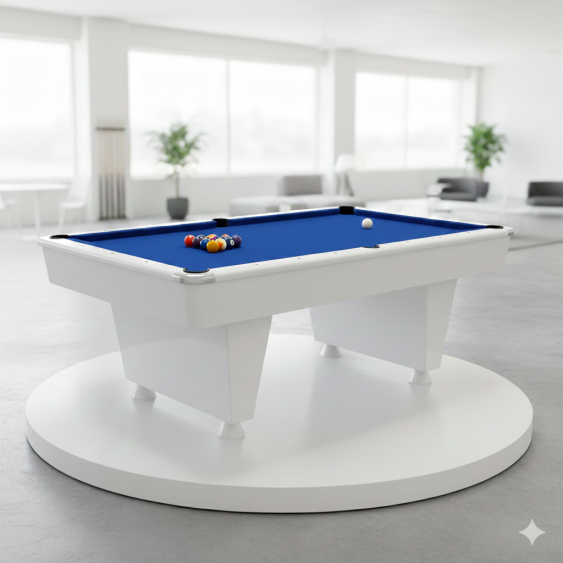 Blue pool table surrounded by natural light