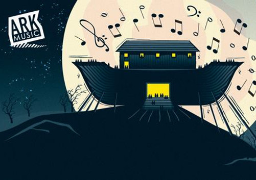 Illustration of a whimsical music-themed venue with notes.