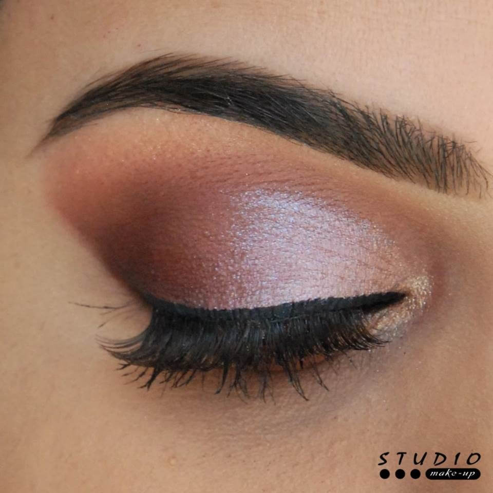 Close-up of eye makeup with blended shades and defined eyeliner