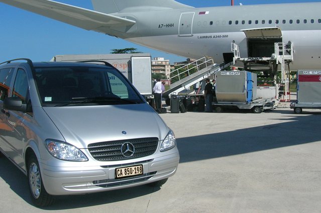 Mercedes-Benz shuttle vehicle at an airport.