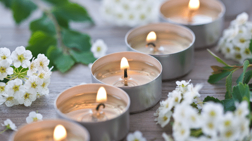 Floating tealights surrounded by flowers on a wooden table.