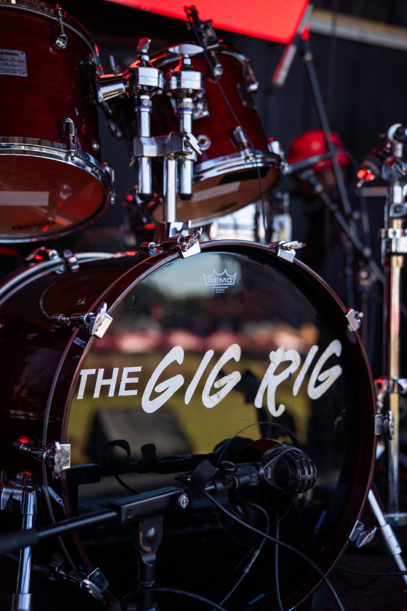 Close-up of a drum kit with 'THE GIG RIG' label