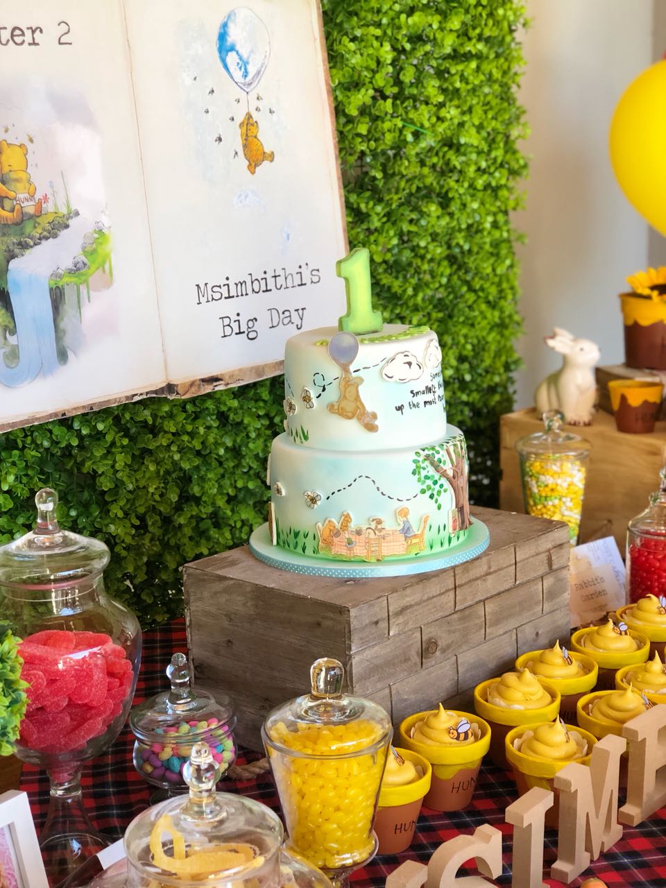 Two-tier cake with Winnie the Pooh theme for a child's birthday
