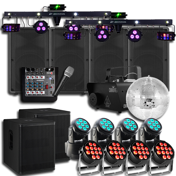 Complete party setup with sound, lighting, and effects equipment.