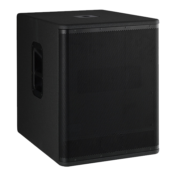 Black 15-inch subwoofer with mesh grille and side handle