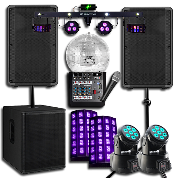 Complete sound system with speakers, mixer, and lighting equipment.