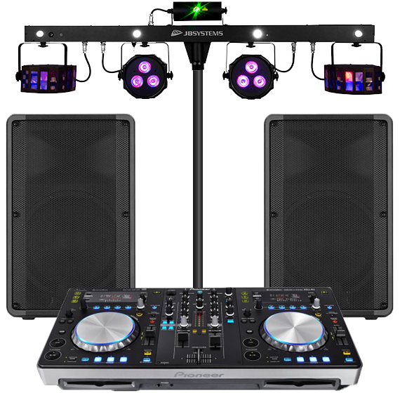 DJ controller and speaker setup with lights