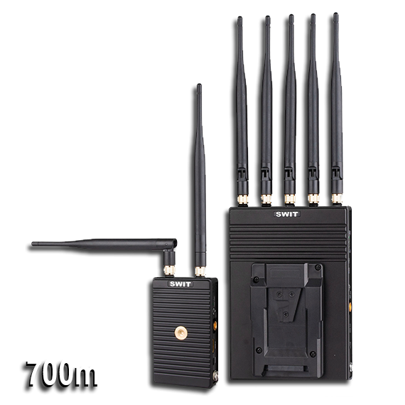 SWIT wireless video transmitter with antennas and distance indicator.