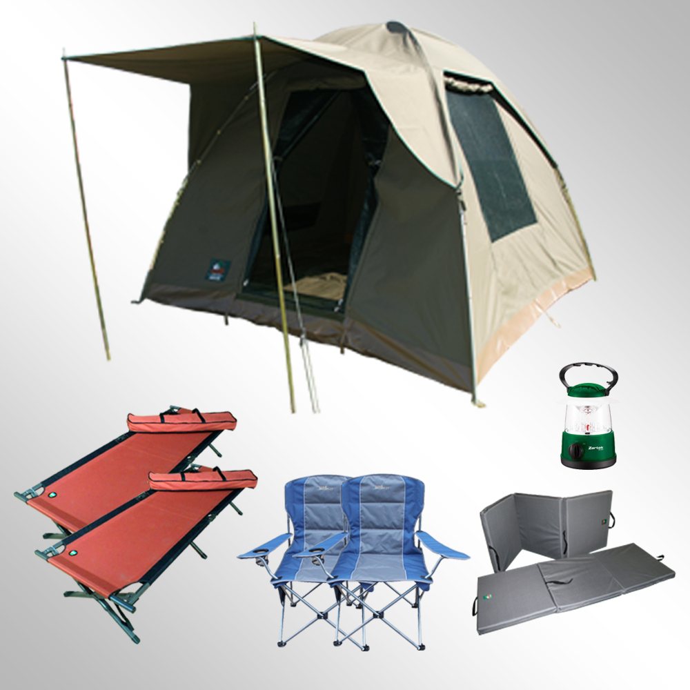 Complete camping setup with tent, chairs, lantern, and mattresses