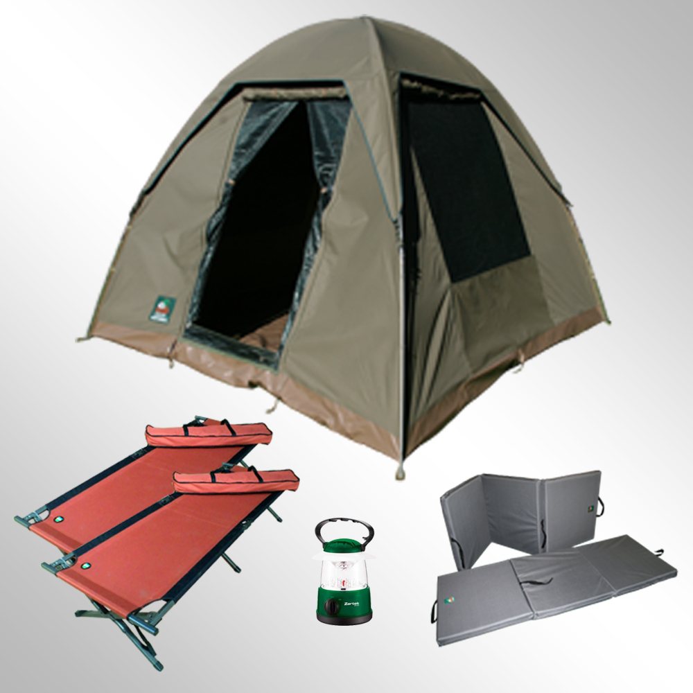 Camping gear package with tent, stretchers, and lantern