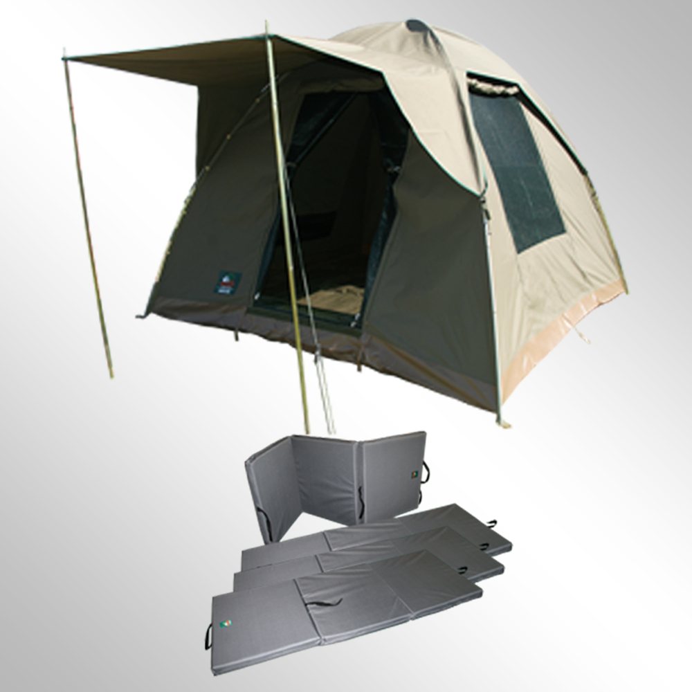 A tent setup with camping mats positioned nearby