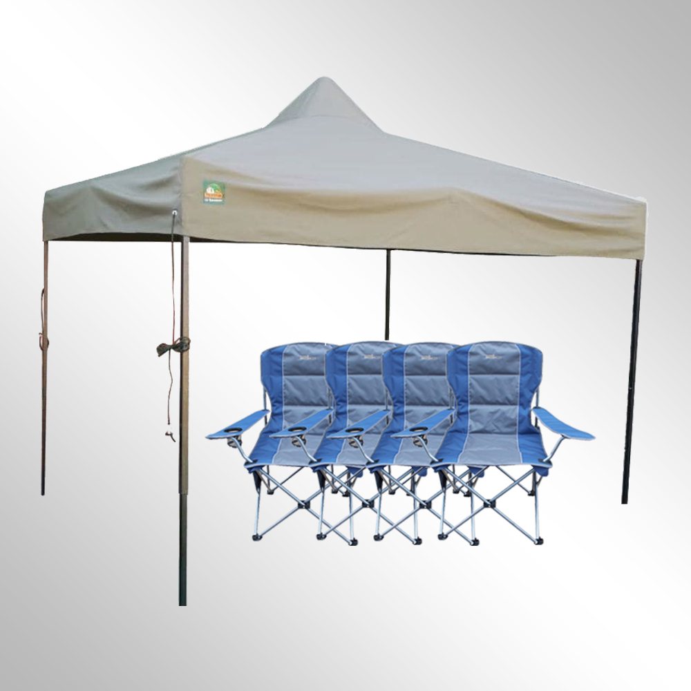 Compact event tent with four folding chairs arranged underneath.