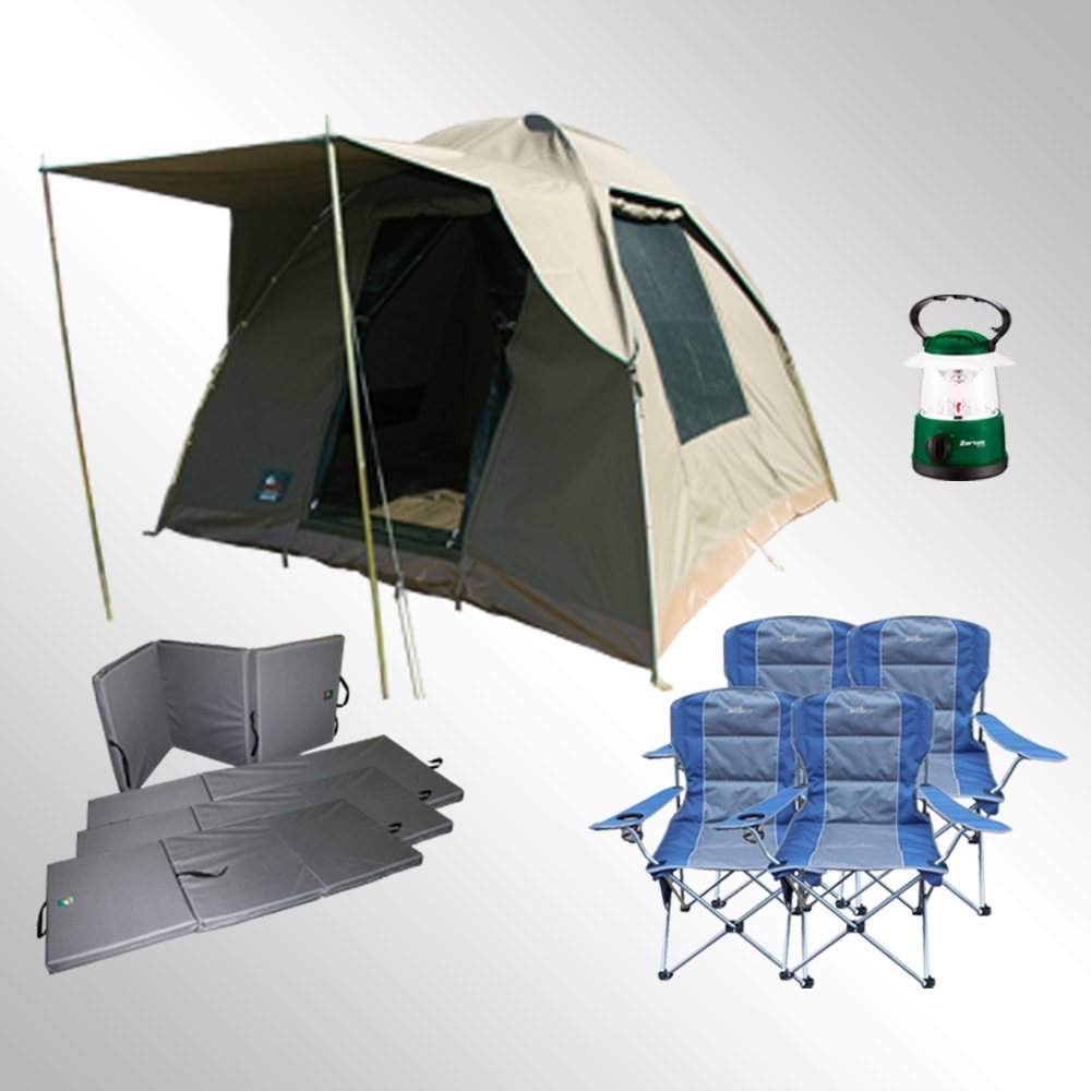 Complete camping tent setup with chairs and lantern