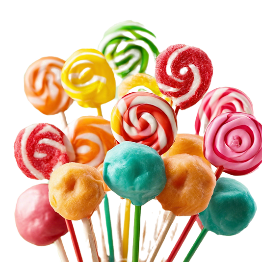 Assorted colorful lollipops and chewy candies on sticks.