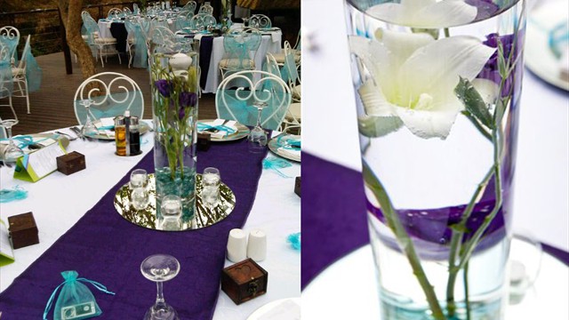 Table settings featuring floral arrangements and decorative elements.