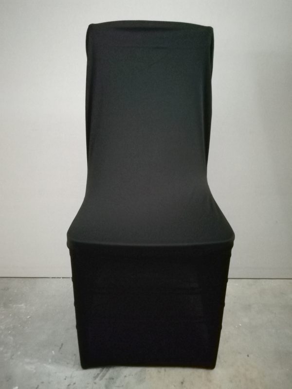 Black chair cover fitted on a standard chair