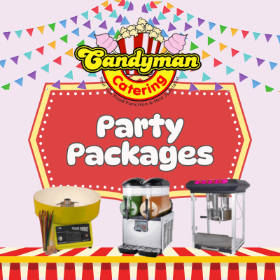 Graphic displaying Candyman Catering's party packages offerings