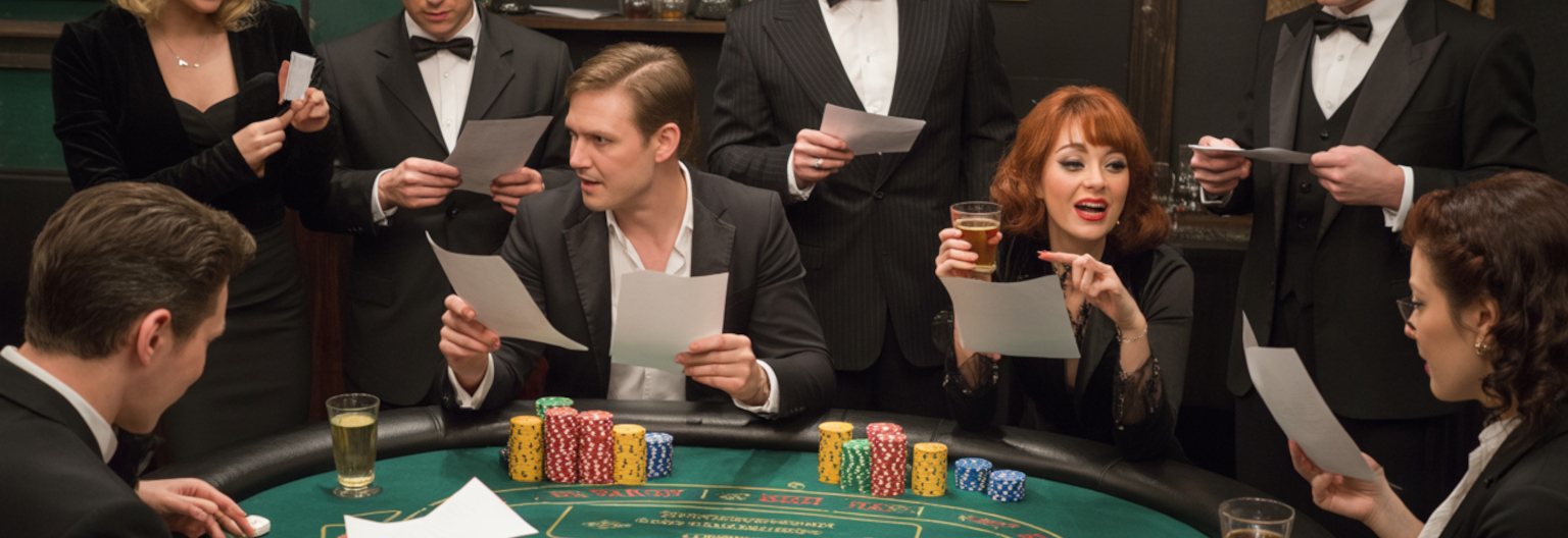 Participants engaged in an interactive mystery game at a table.