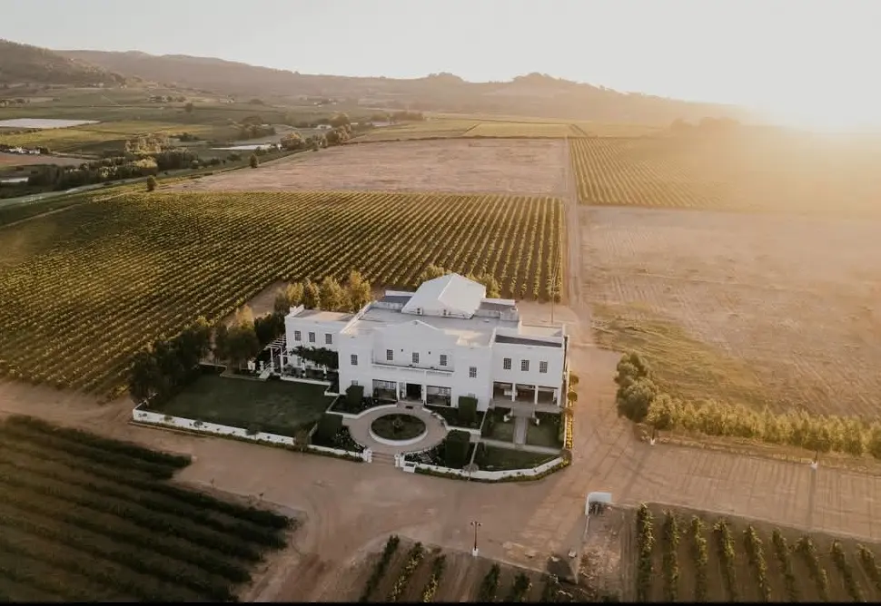 Aerial view of a birthday venue surrounded by vineyards in Paarl