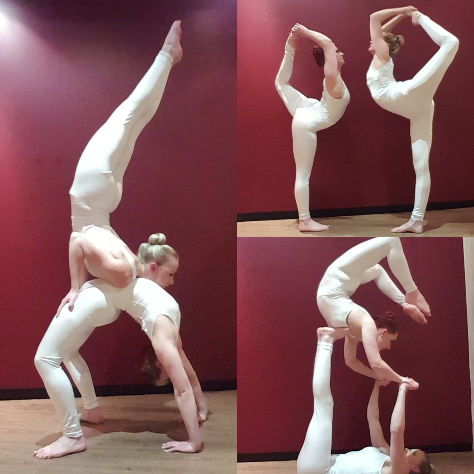 Four images of acrobats in various flexible poses
