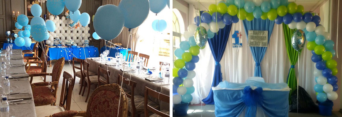 Decorated event space with balloons and table settings