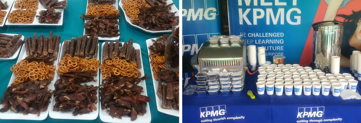 Catering display with biltong, pretzels, and drinks
