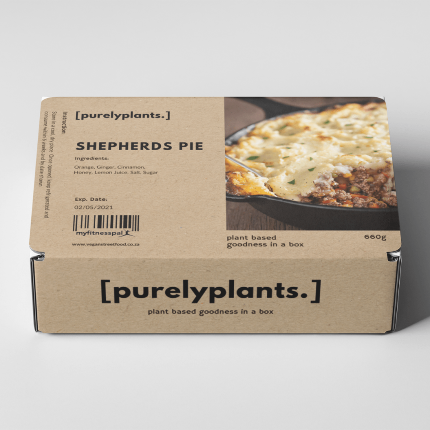 Vegan Shepherd's Pie packaging with ingredients listed.