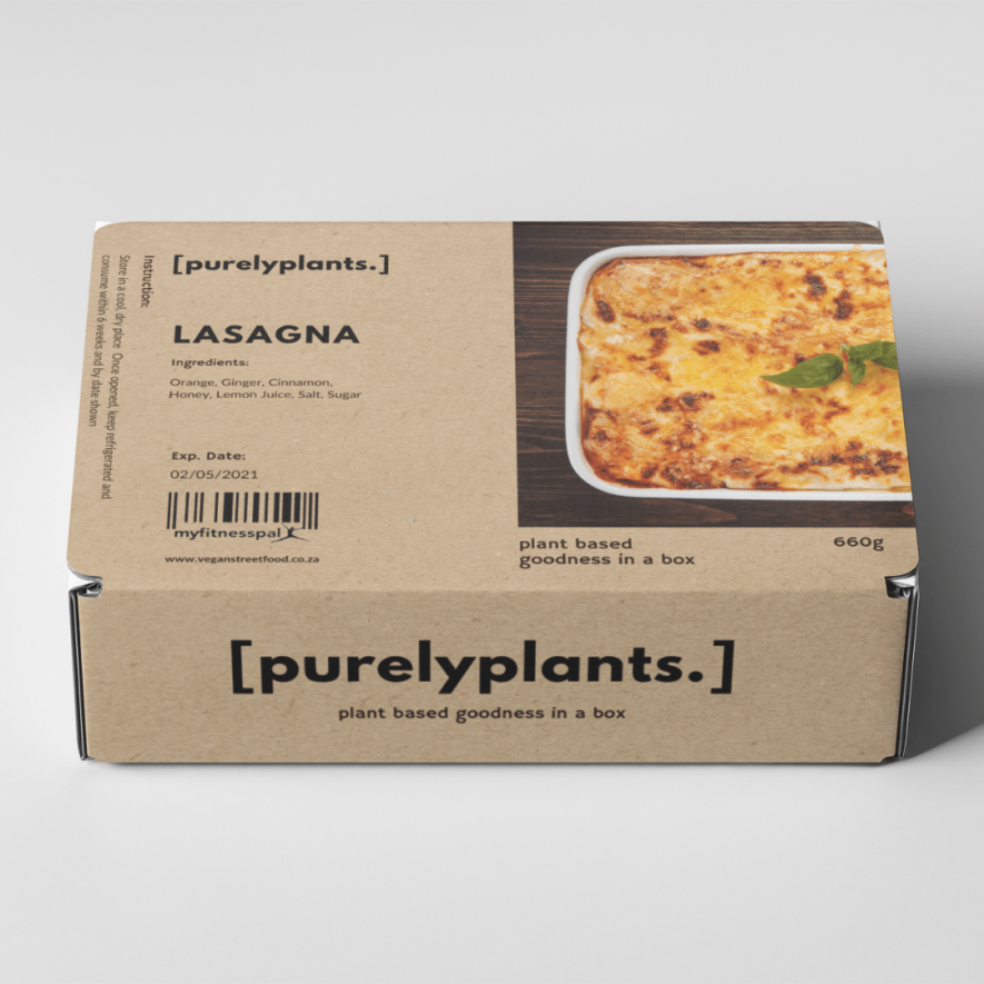 Plant-based lasagna in a box with ingredients listed