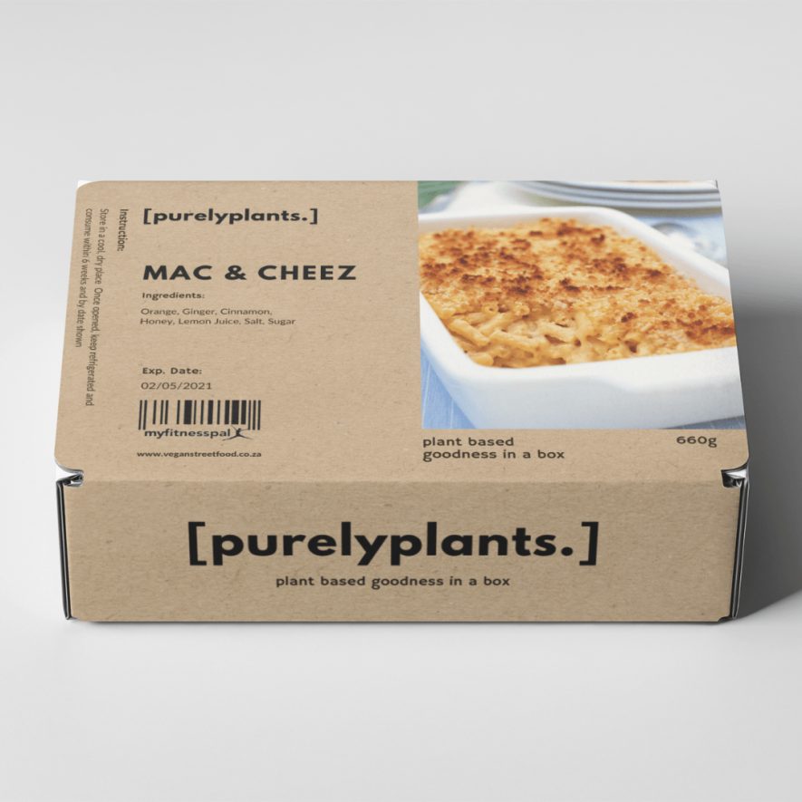 Plant-based Mac & Cheese packaging with ingredients list