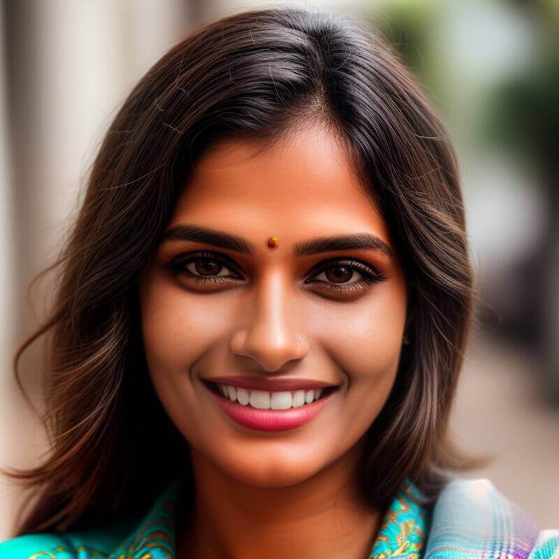 Portrait of a smiling young woman with traditional attire and a bindi.